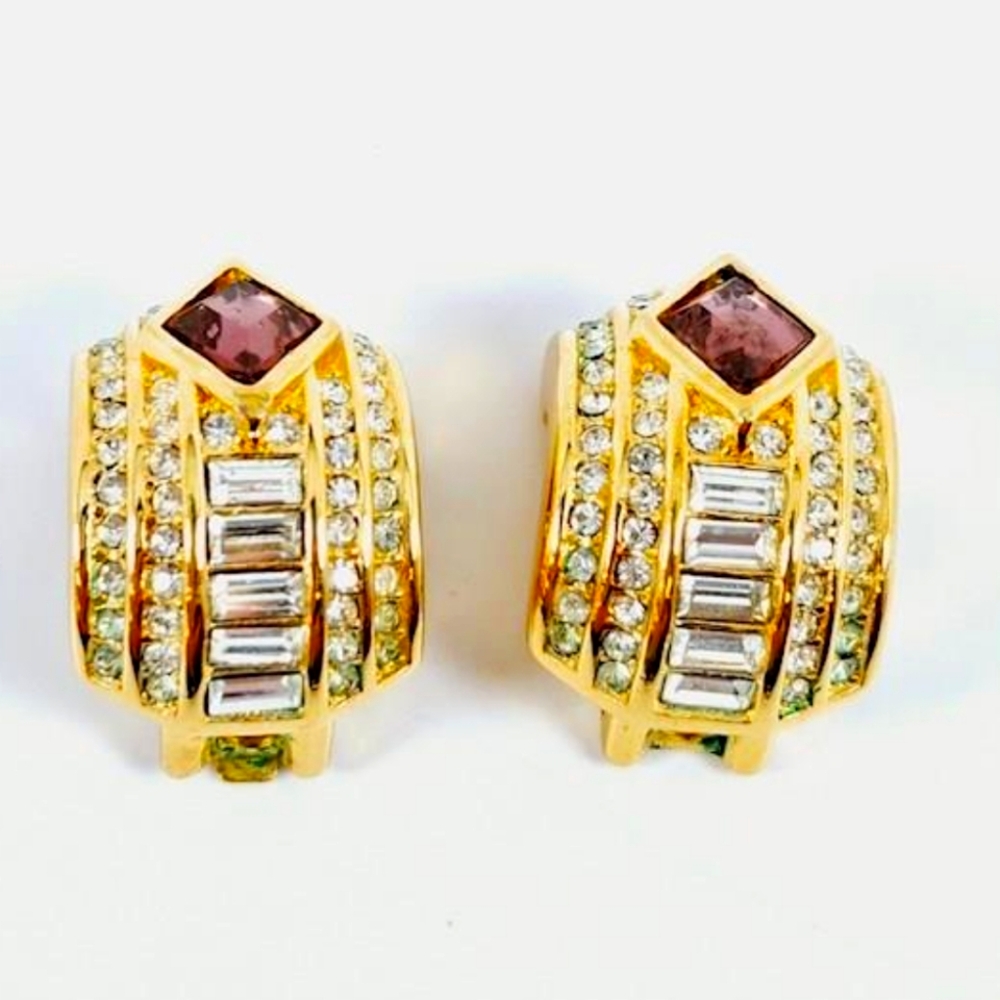 Christan Dior Gold Plated Earrings Clip On With Crystal / Amethyst  Repaired - Picture 5 of 16